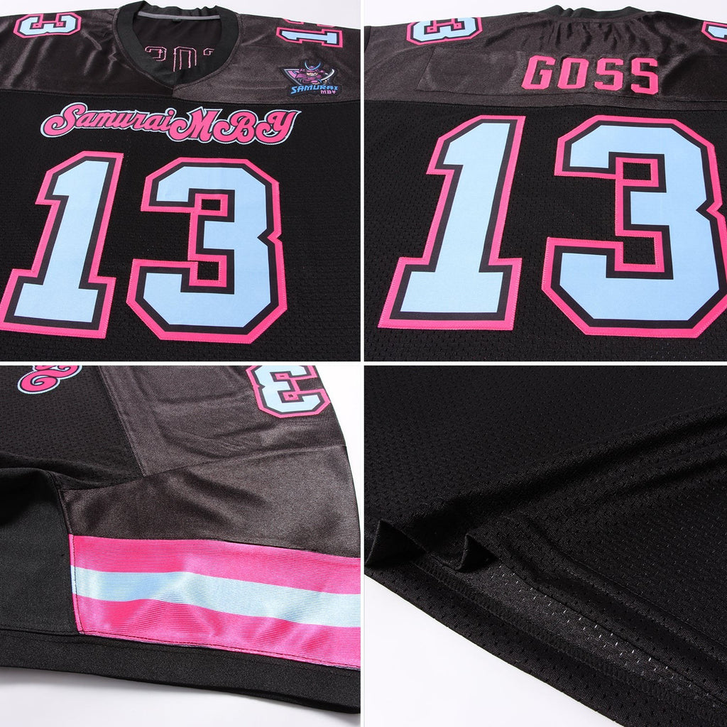 Custom Black Light Blue-Pink Mesh Authentic Football Jersey photo 4