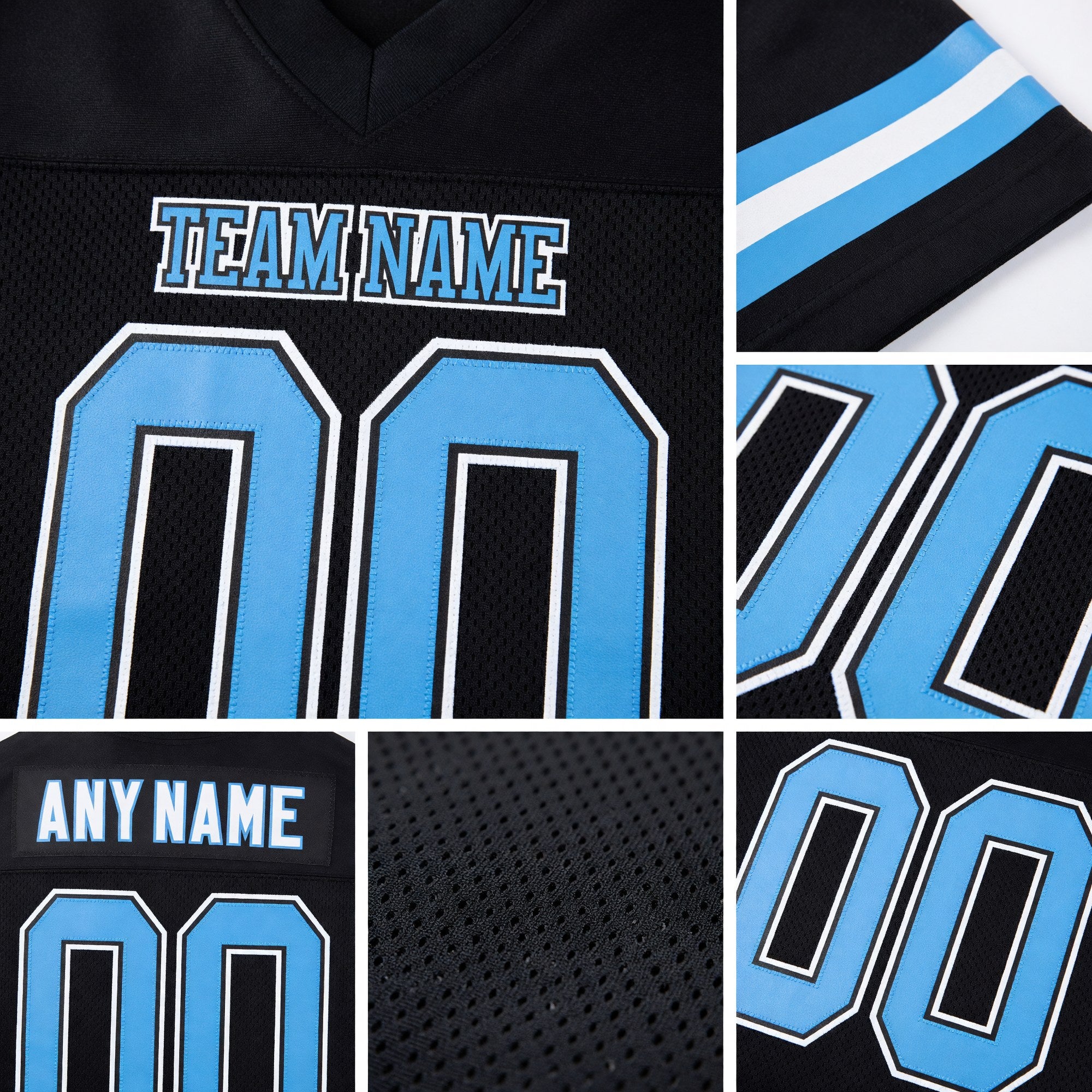 Custom Black Light Blue-White Mesh Authentic Football Jersey detail