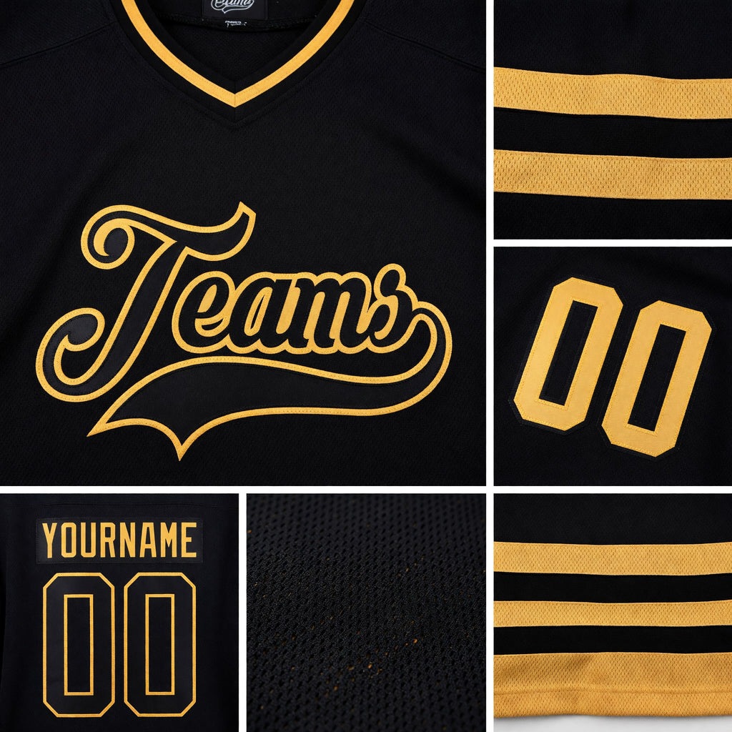 Custom Black Black-Old Gold Hockey Jersey detail