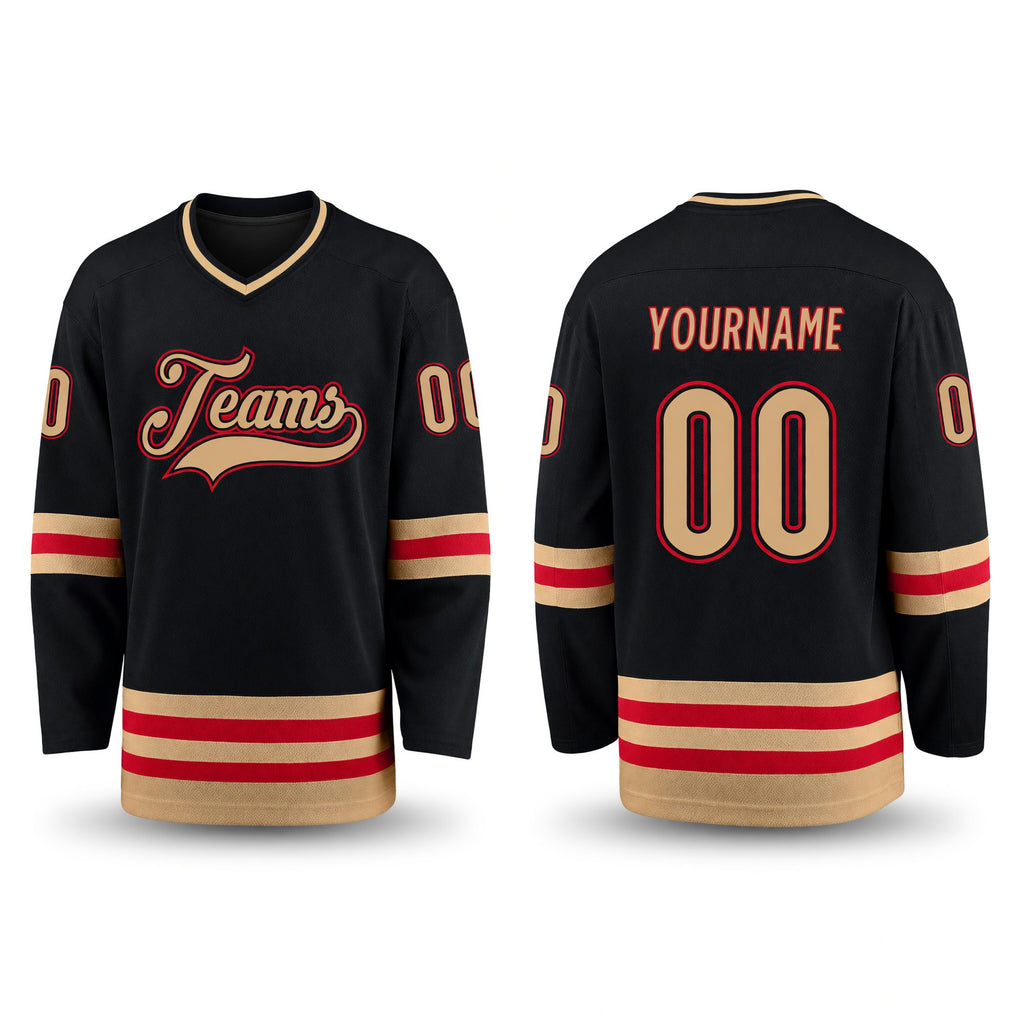 Custom Black Old Gold-Red Hockey Jersey
