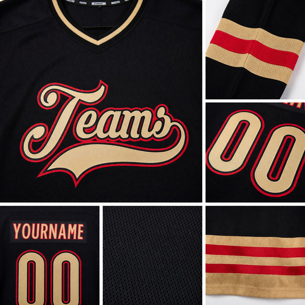 Custom Black Old Gold-Red Hockey Jersey detail
