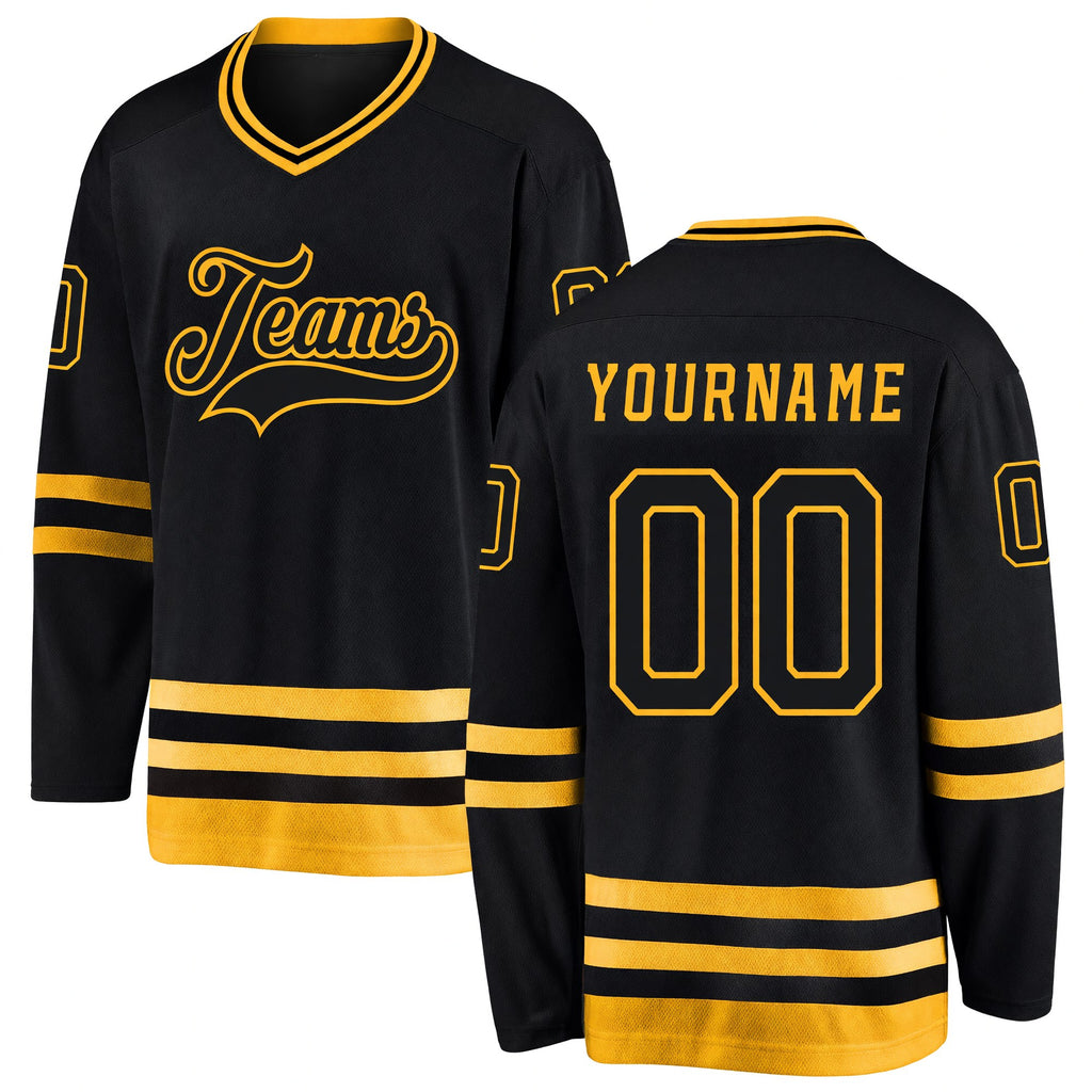 Custom Black Black-Gold Hockey Jersey