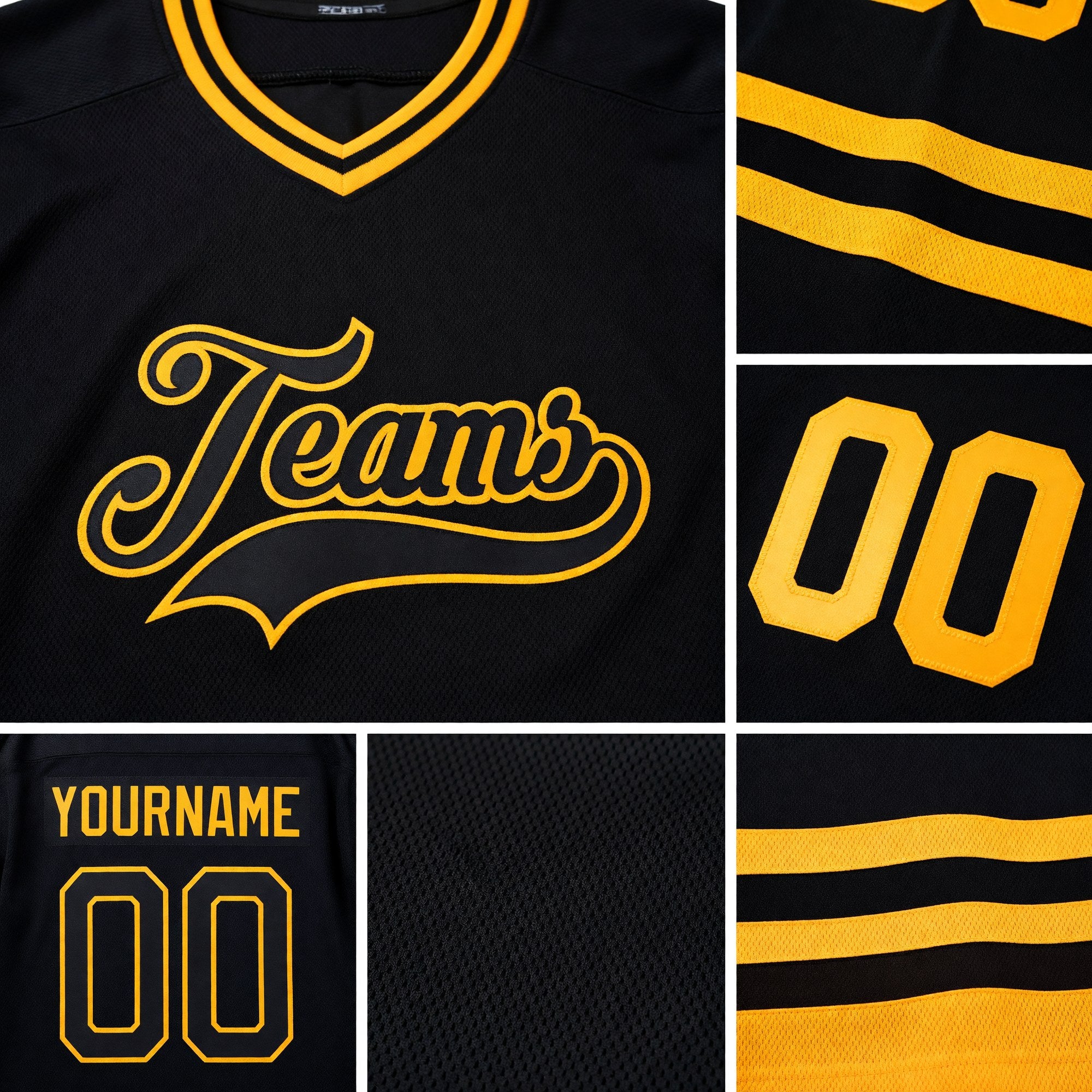Custom Black Black-Gold Hockey Jersey detail
