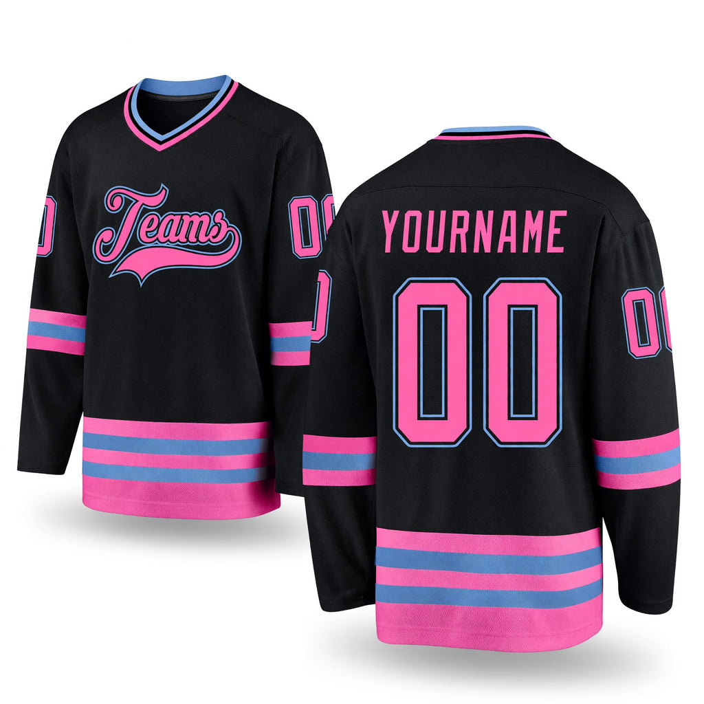 Custom Black Pink-Light Blue Hockey Jersey