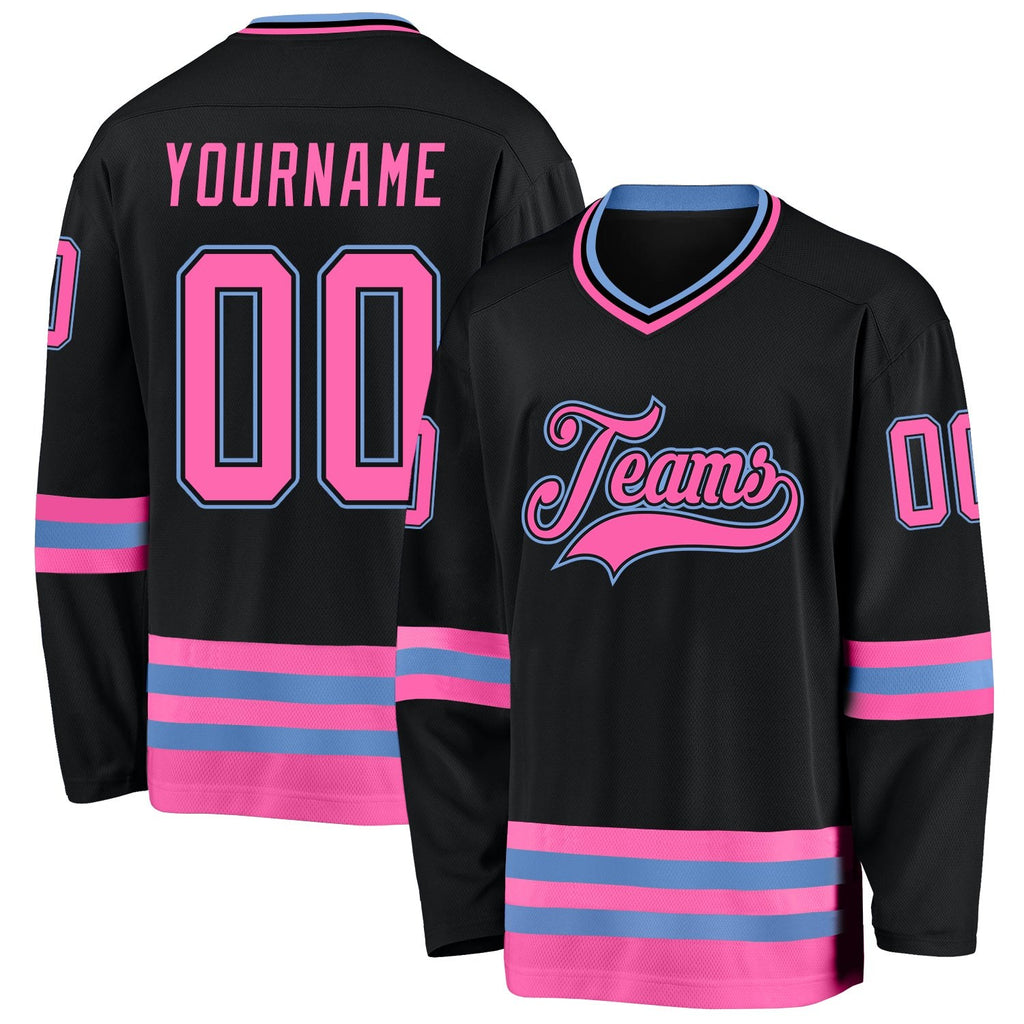 Custom Black Pink-Light Blue Hockey Jersey photo 1