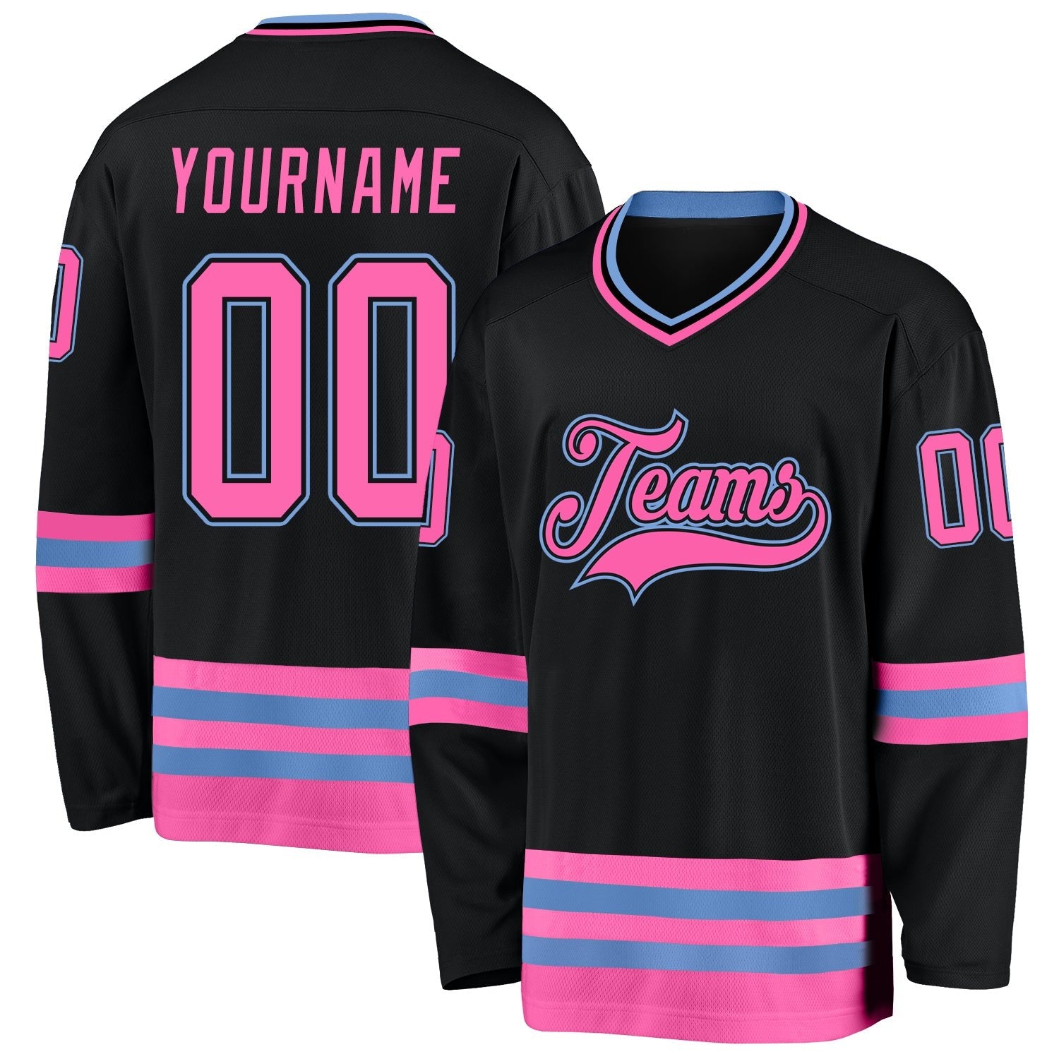 Custom Black Pink-Light Blue Hockey Jersey photo 1