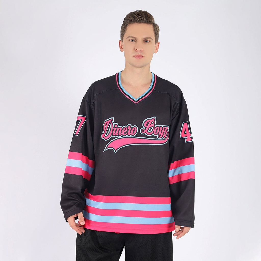 Custom Black Pink-Light Blue Hockey Jersey photo 2