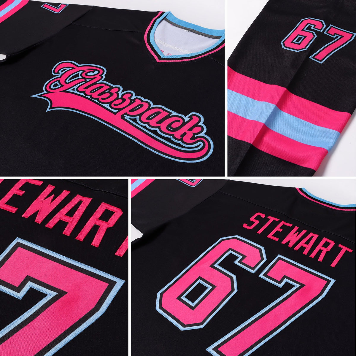 Custom Black Pink-Light Blue Hockey Jersey photo 7