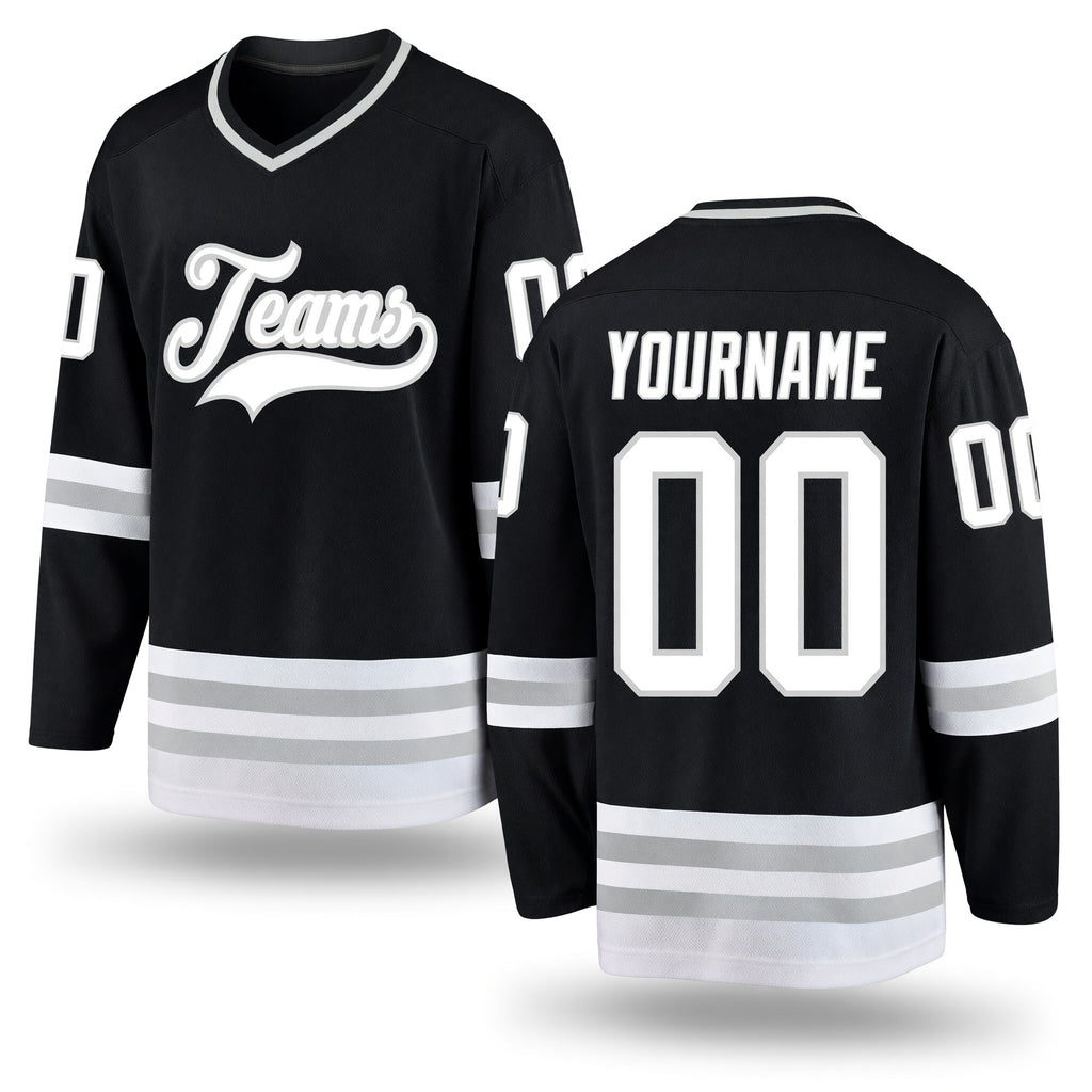 Custom Black White-Gray Hockey Jersey