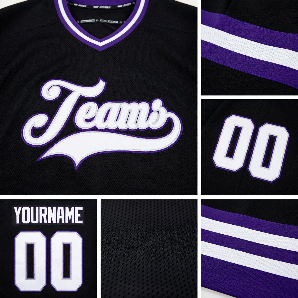 Custom Black White-Purple Hockey Jersey detail