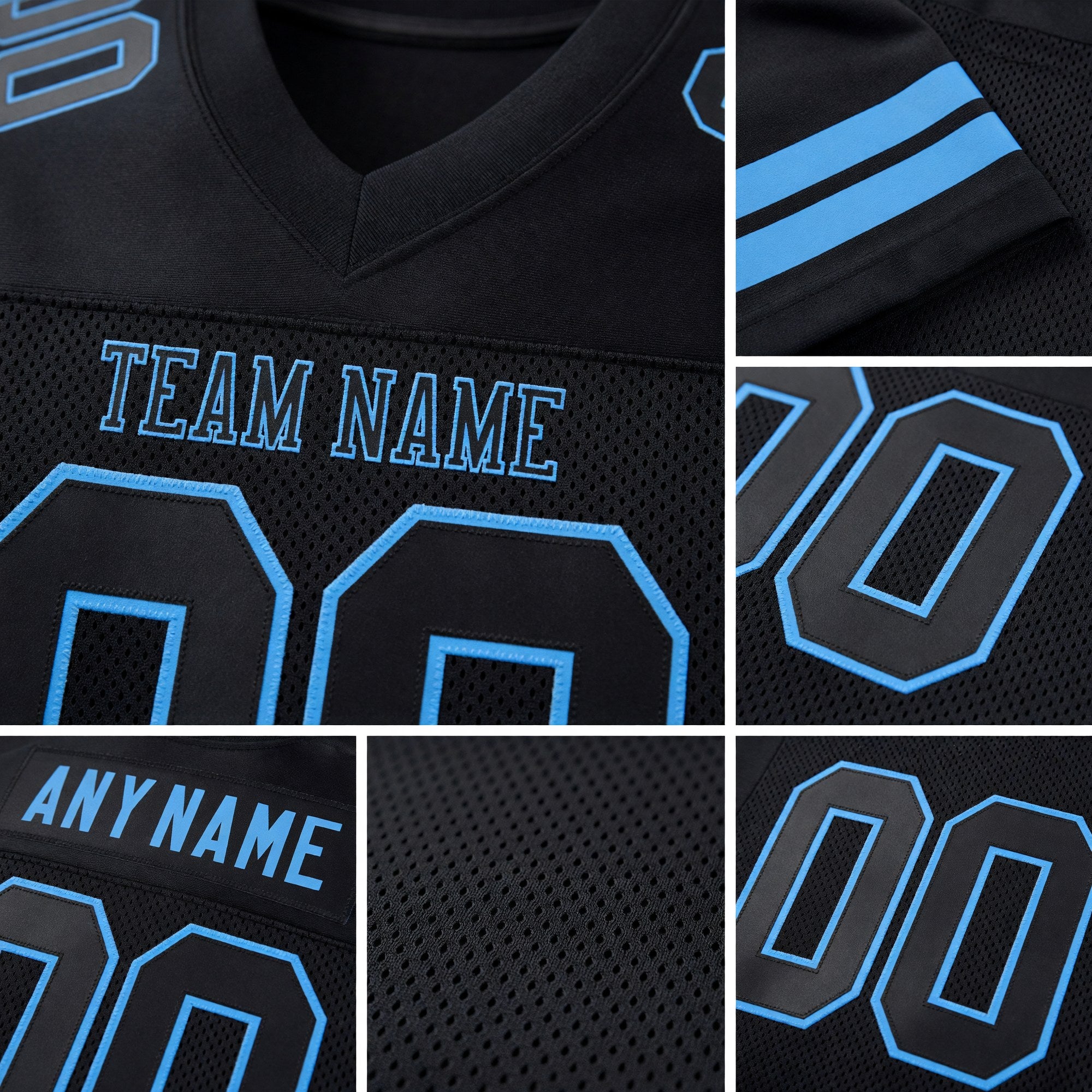 Custom Black Black-Light Blue Mesh Authentic Football Jersey detail