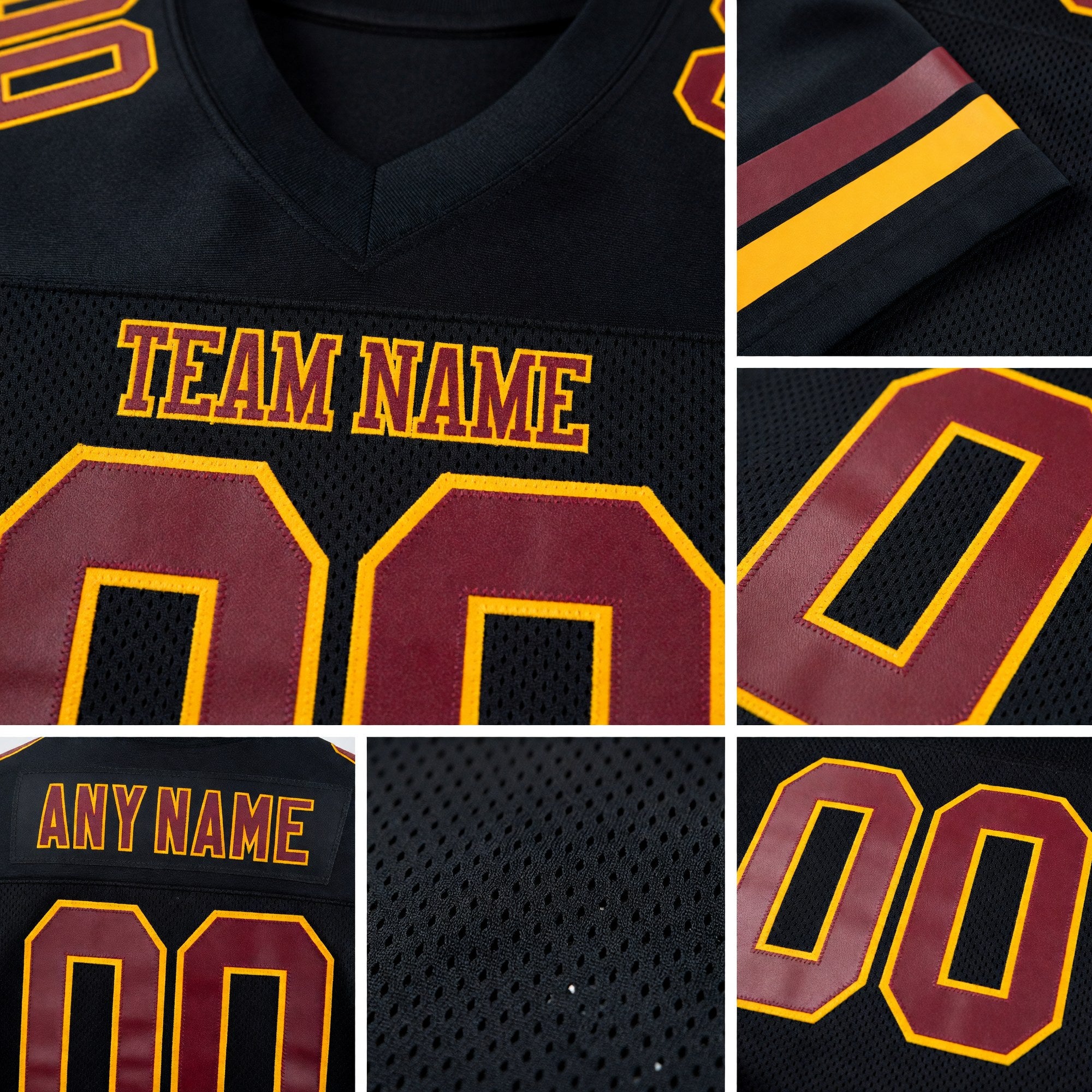 Custom Black Burgundy-Gold Mesh Authentic Football Jersey detail