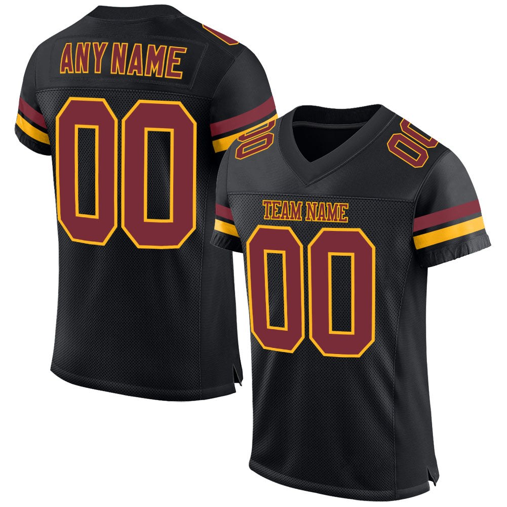 Custom Black Burgundy-Gold Mesh Authentic Football Jersey photo 1