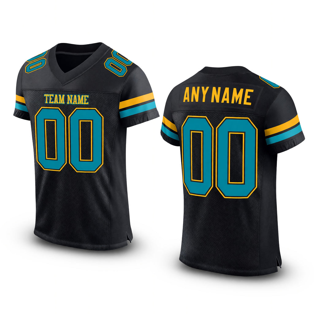 Custom Black Teal-Gold Mesh Authentic Football Jersey