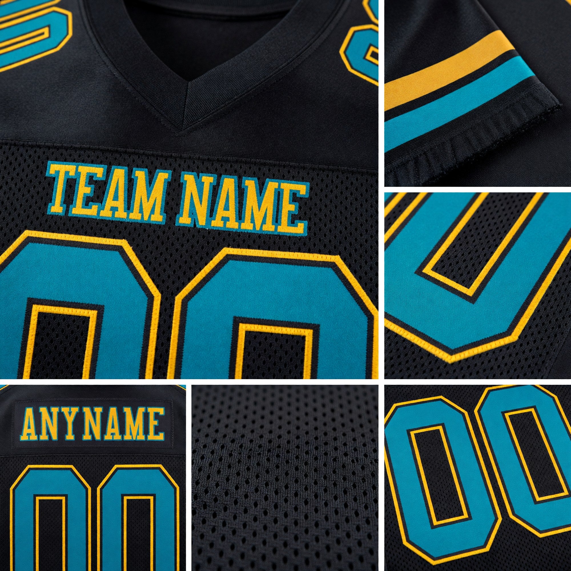 Custom Black Teal-Gold Mesh Authentic Football Jersey detail