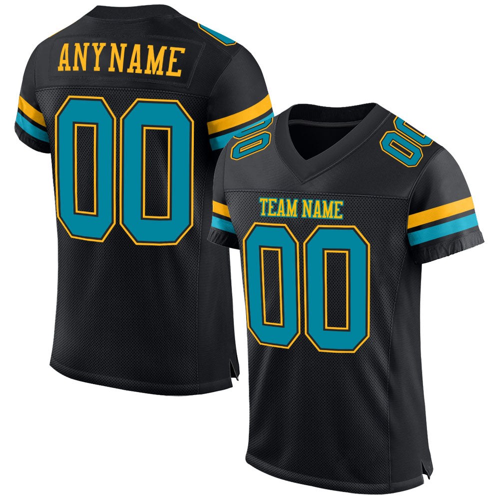 Custom Black Teal-Gold Mesh Authentic Football Jersey photo 1