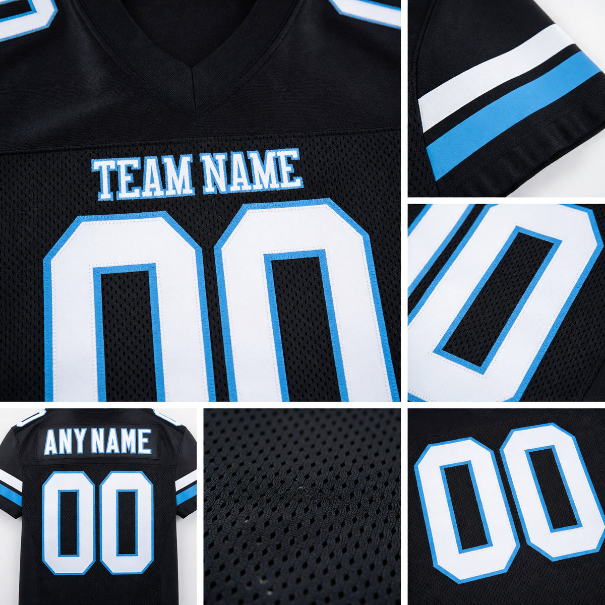 Custom Black White-Light Blue Mesh Authentic Football Jersey detail