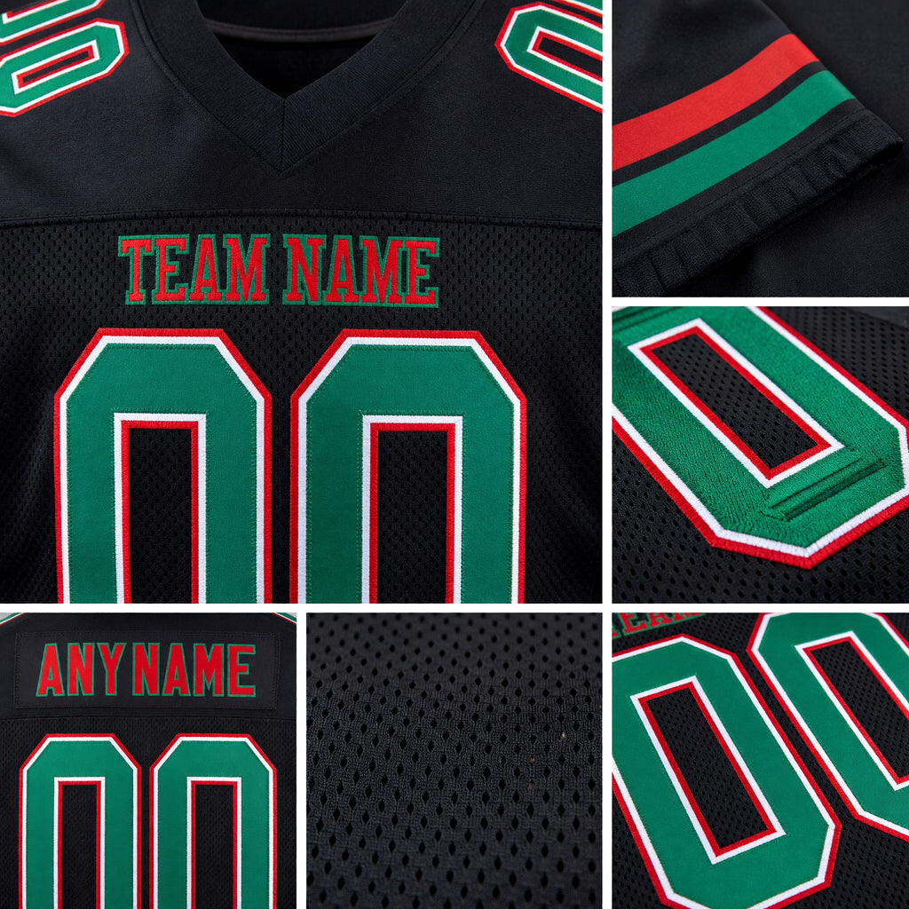 Custom Black Kelly Green-Red Mesh Authentic Football Jersey detail
