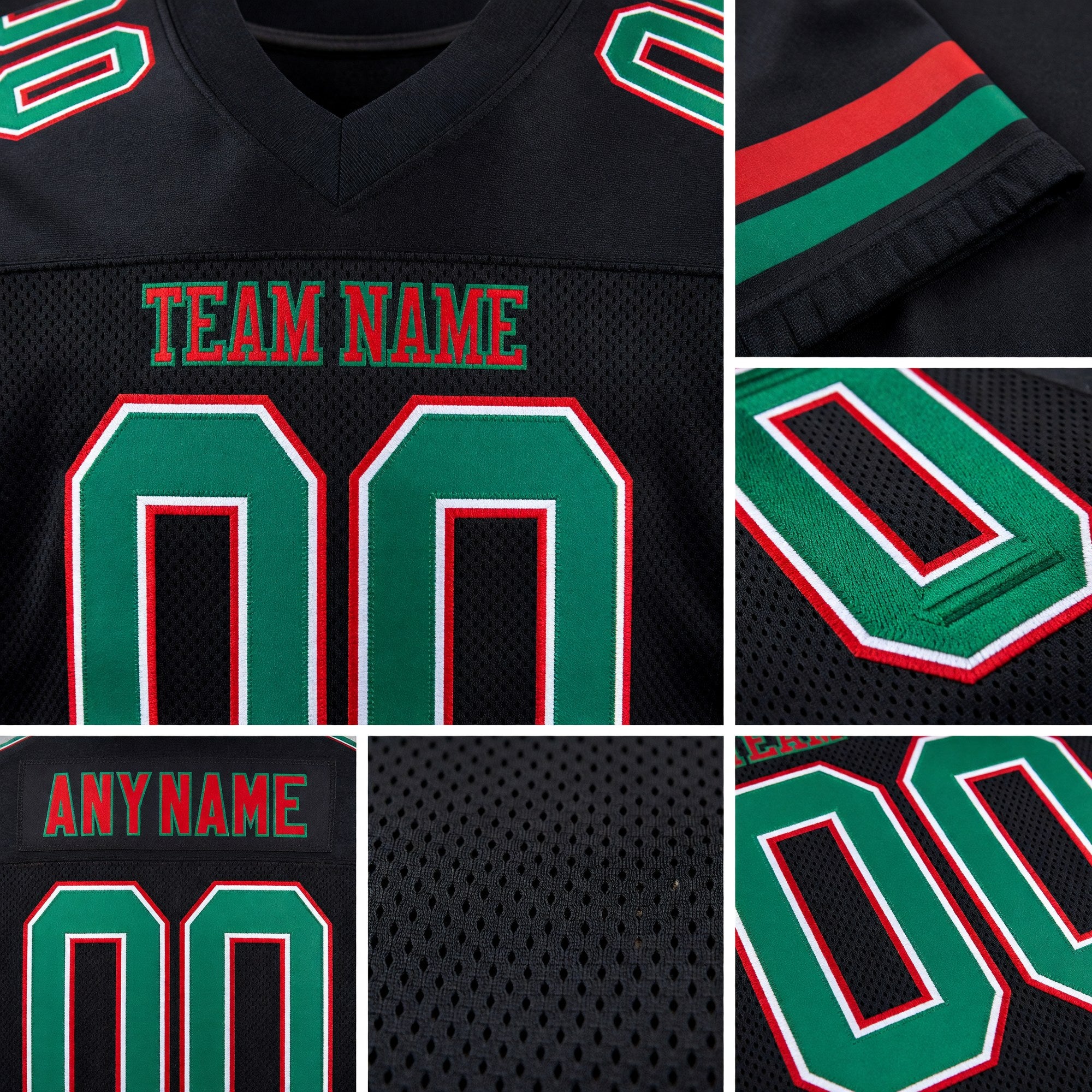 Custom Black Kelly Green-Red Mesh Authentic Football Jersey detail