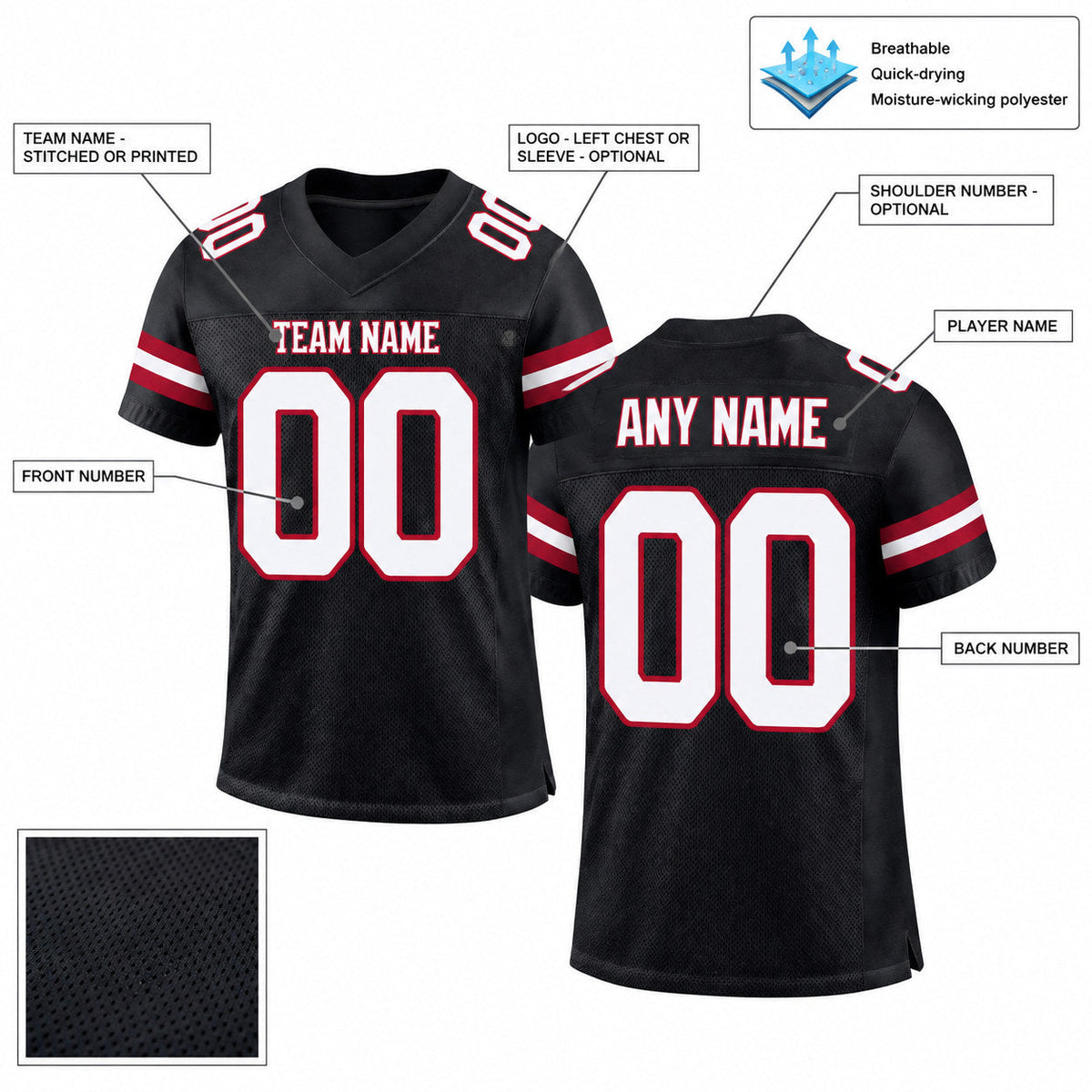 Custom Black Mesh Authentic Football Jersey with White and Cardinal Lettering Design 0557 customization guide