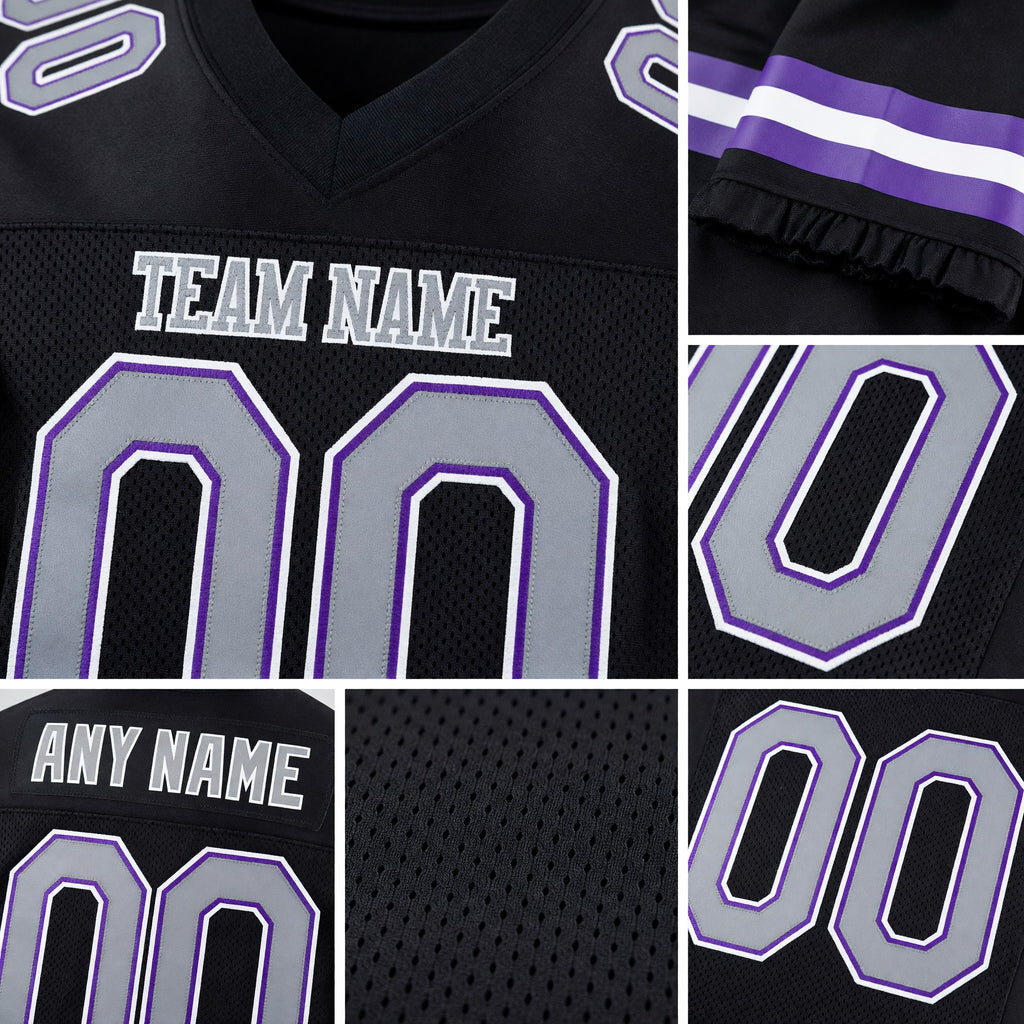 Custom Black Gray-Purple Mesh Authentic Football Jersey detail