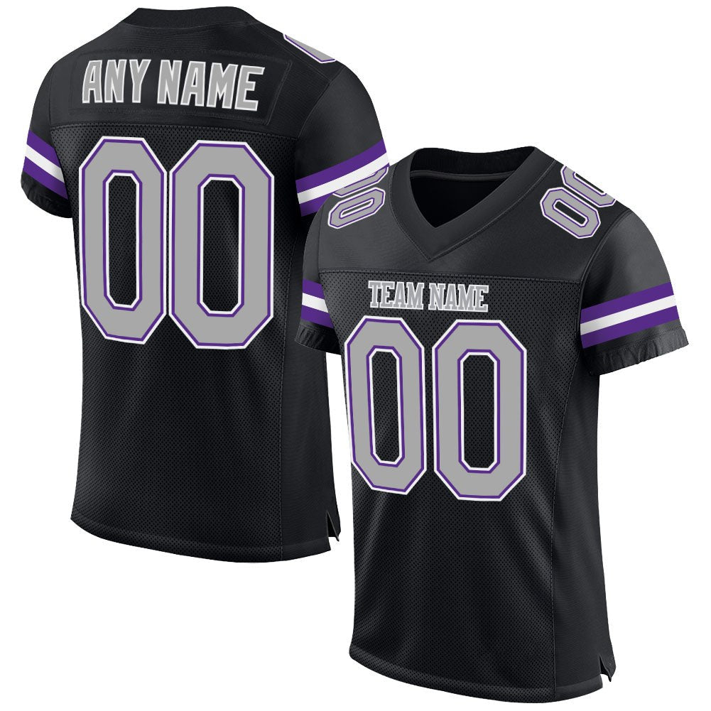 Custom Black Gray-Purple Mesh Authentic Football Jersey photo 1