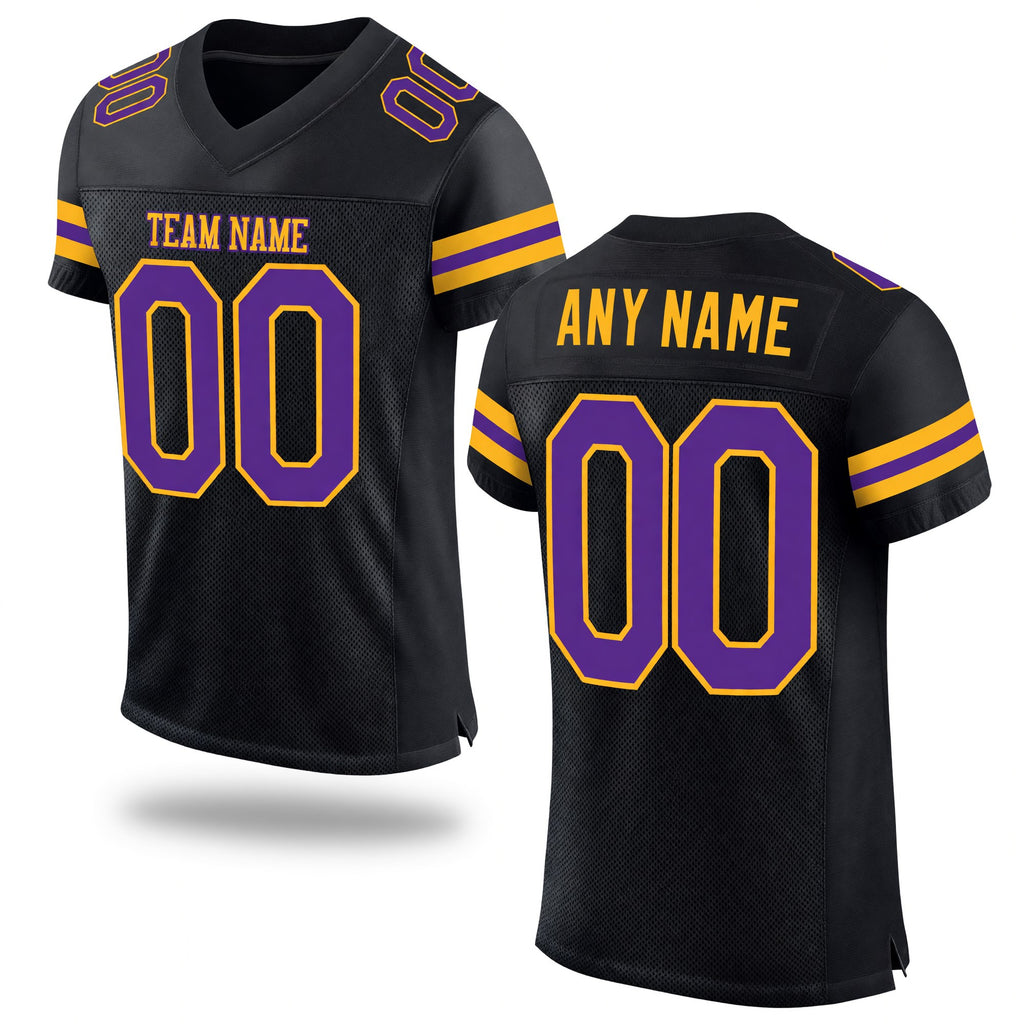 Custom Black Purple-Gold Mesh Authentic Football Jersey