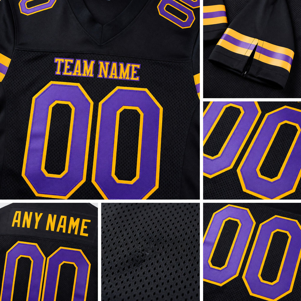 Custom Black Purple-Gold Mesh Authentic Football Jersey detail