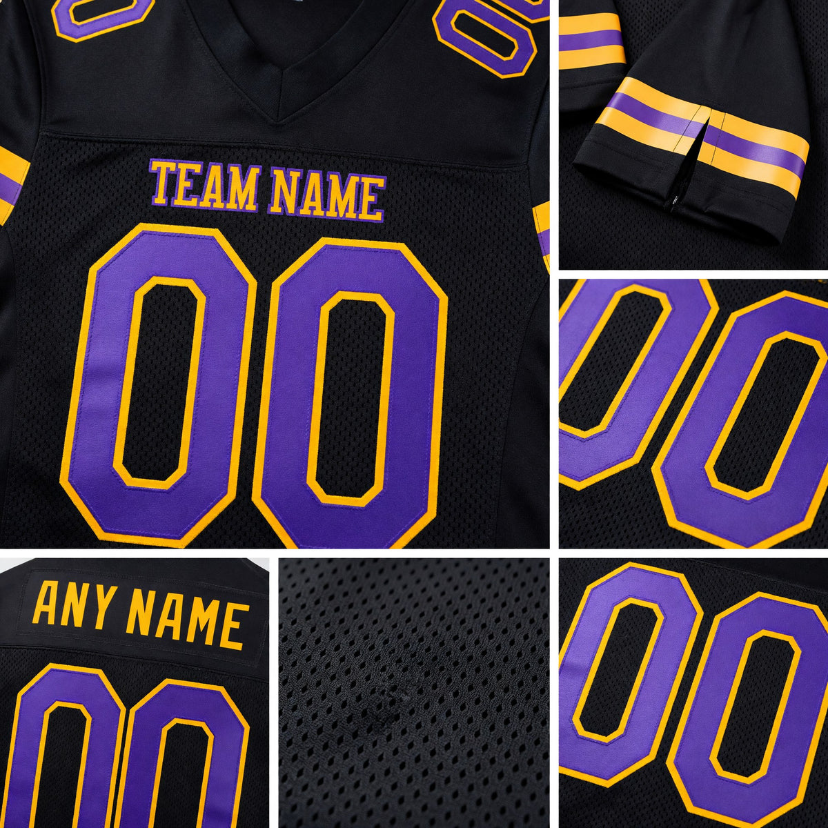 Custom Black Purple-Gold Mesh Authentic Football Jersey detail