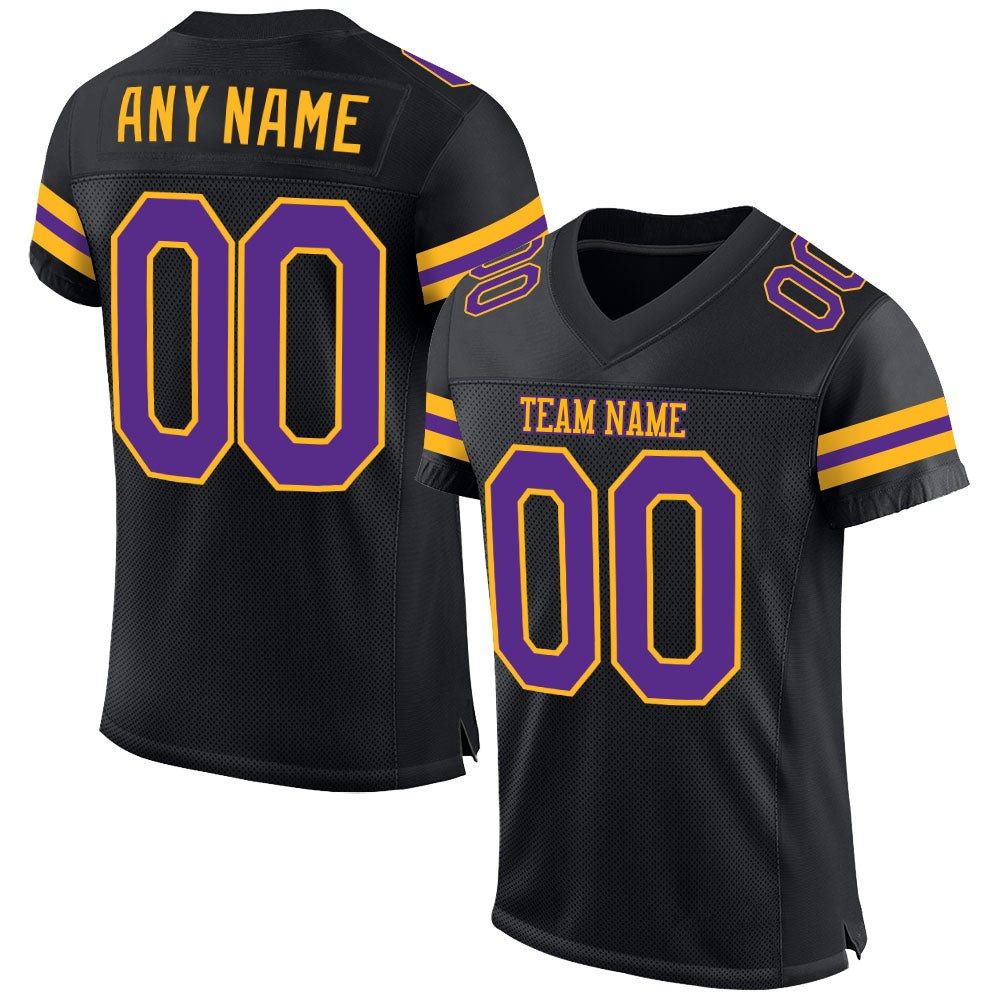 Custom Black Purple-Gold Mesh Authentic Football Jersey photo 1