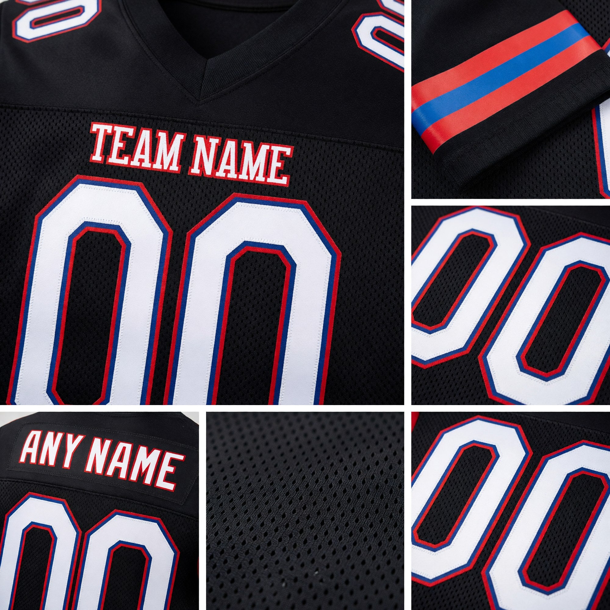 Custom Black White-Red Mesh Authentic Football Jersey detail