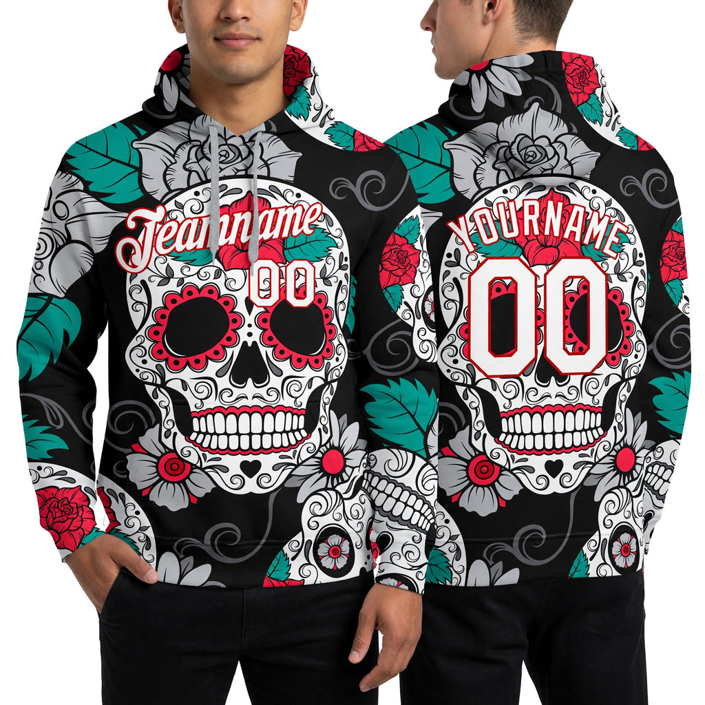 Custom Stitched Black White-Red 3D Skull Fashion Sports Pullover Sweatshirt Hoodie worn front and back