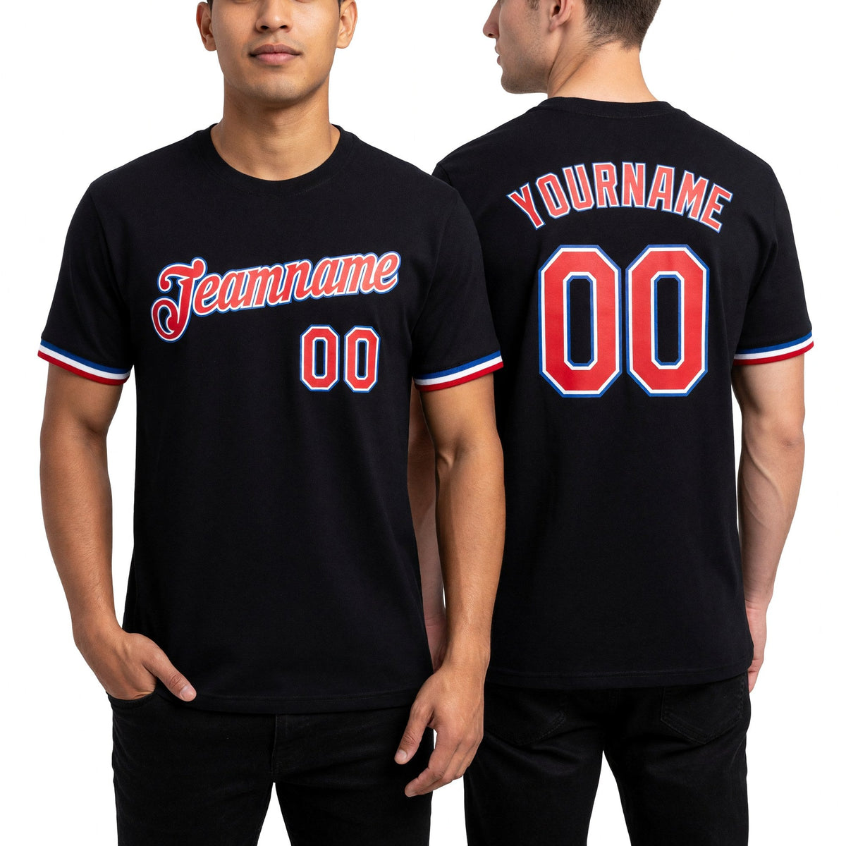 Custom Black Red-Royal Performance T-Shirt worn front and back