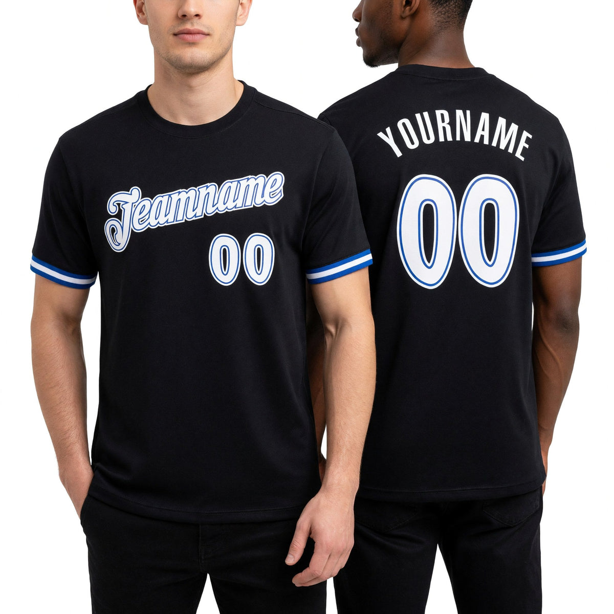 Custom Black White-Royal Performance T-Shirt worn front and back