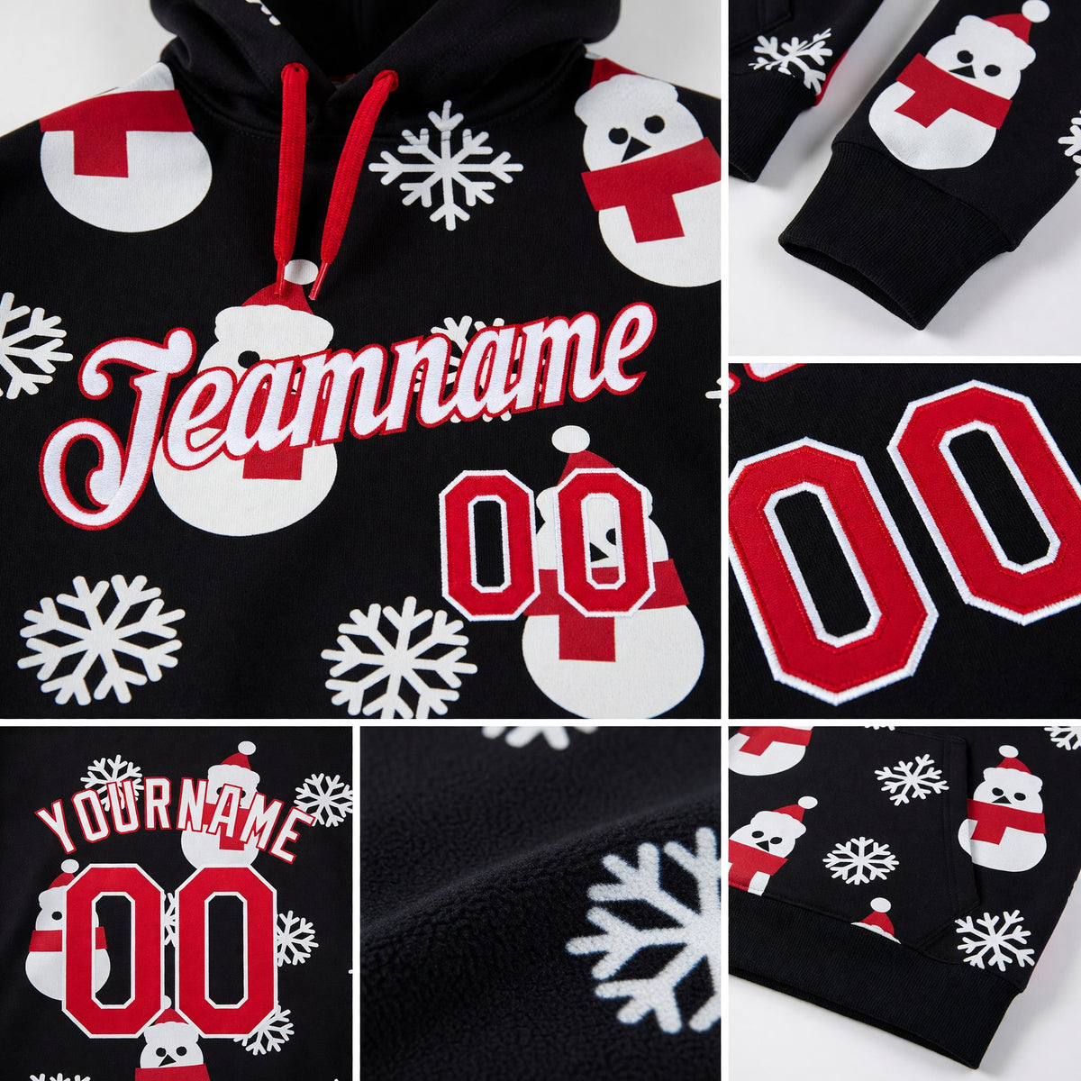 Custom Stitched Black Red-White Christmas 3D Sports Pullover Sweatshirt Hoodie detail