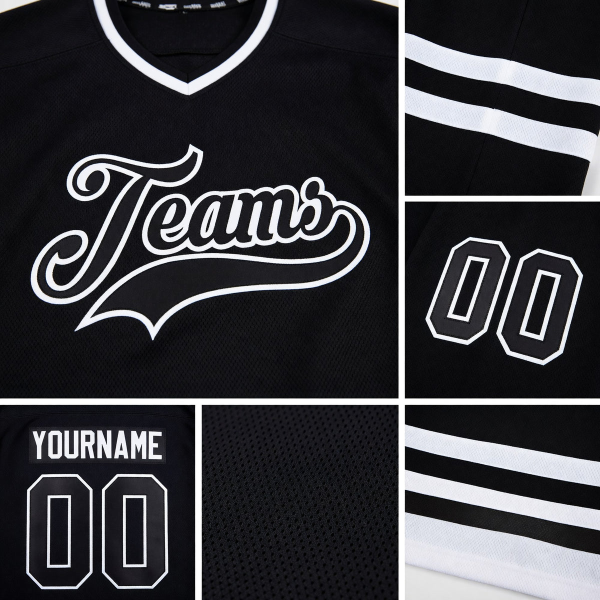 Custom Black Black-White Hockey Jersey detail