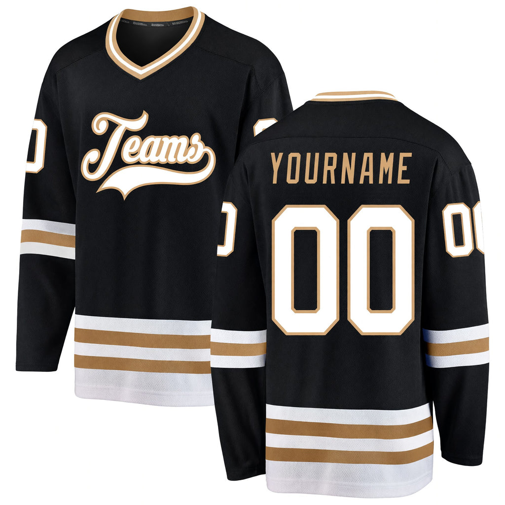 Custom Black White-Old Gold Hockey Jersey