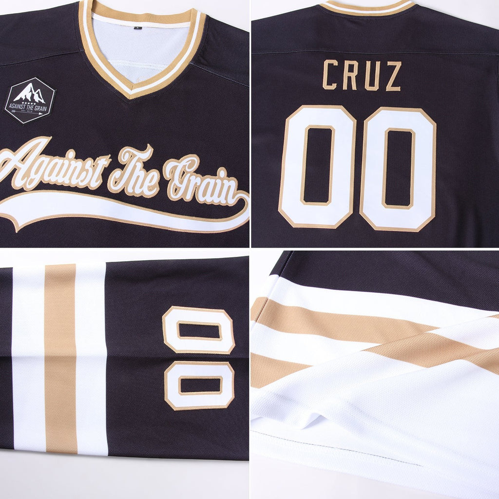 Custom Black White-Old Gold Hockey Jersey photo 4