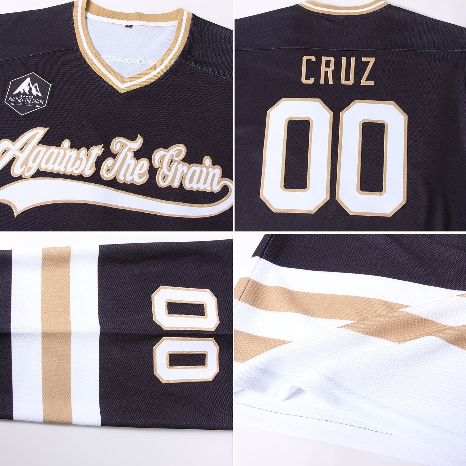 Custom Black White-Old Gold Hockey Jersey photo 4
