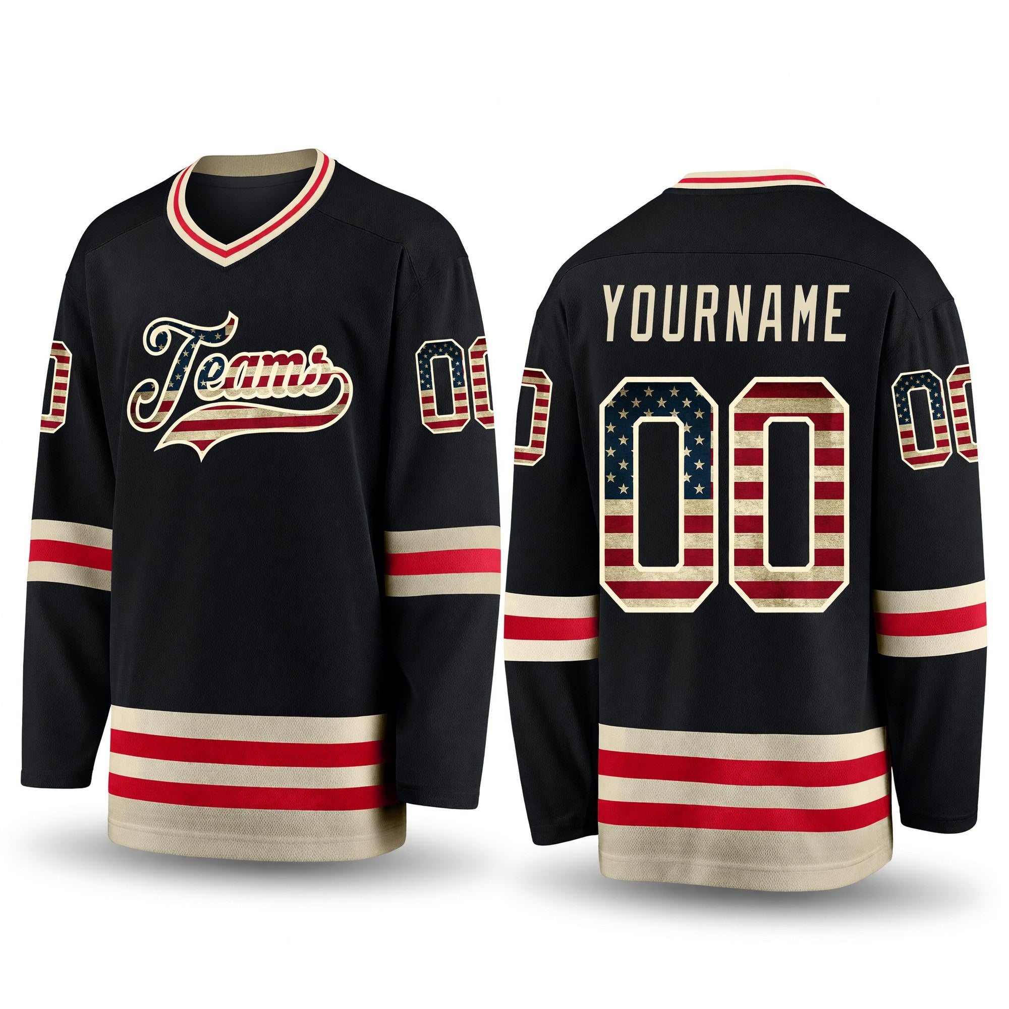 Custom Black Vintage USA Flag-Cream Hockey Jersey