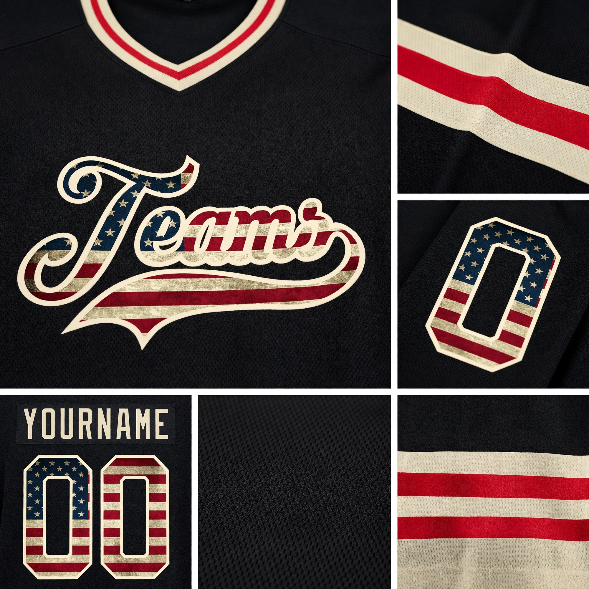 Custom Black Vintage USA Flag-Cream Hockey Jersey detail