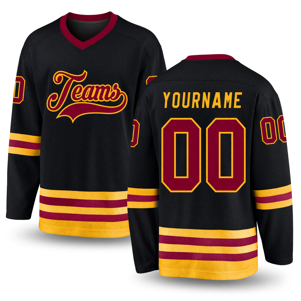Custom Black Maroon-Gold Hockey Jersey