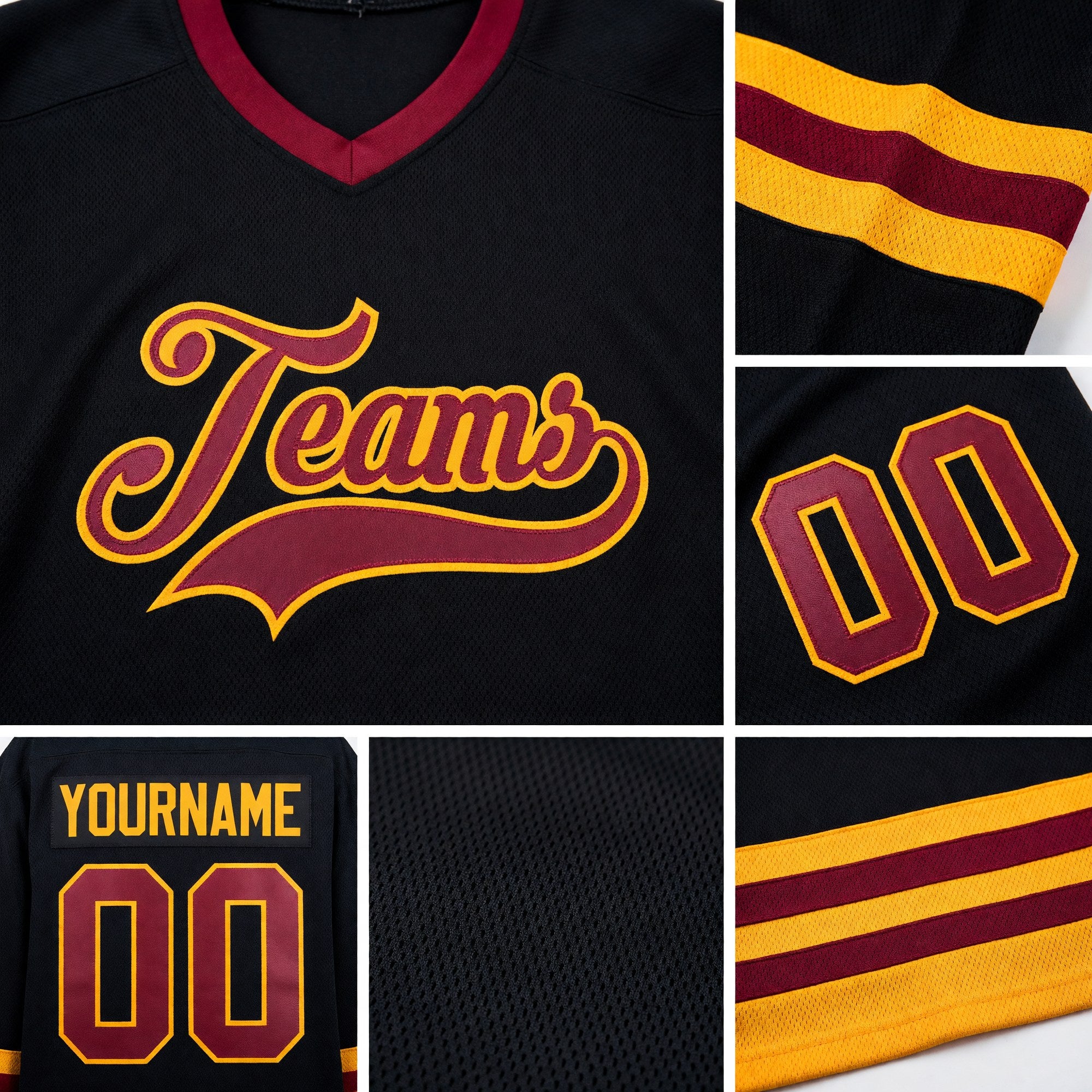 Custom Black Maroon-Gold Hockey Jersey detail