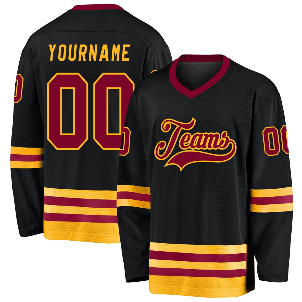 Custom Black Maroon-Gold Hockey Jersey photo 1