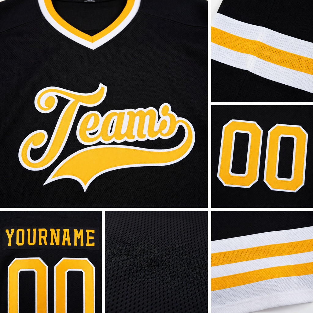 Custom Black Gold-White Hockey Jersey detail
