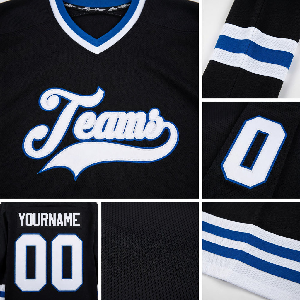 Custom Black White-Royal Hockey Jersey detail
