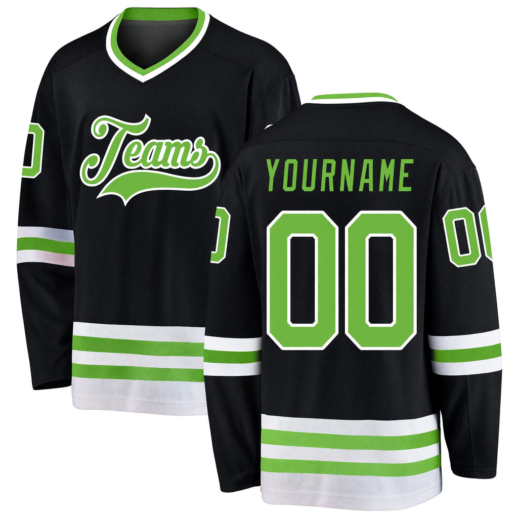 Custom Black Neon Green-White Hockey Jersey