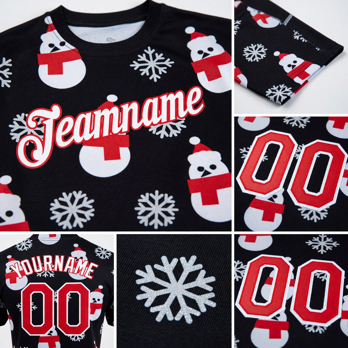 Custom Black Red-White Christmas 3D Performance T-Shirt detail