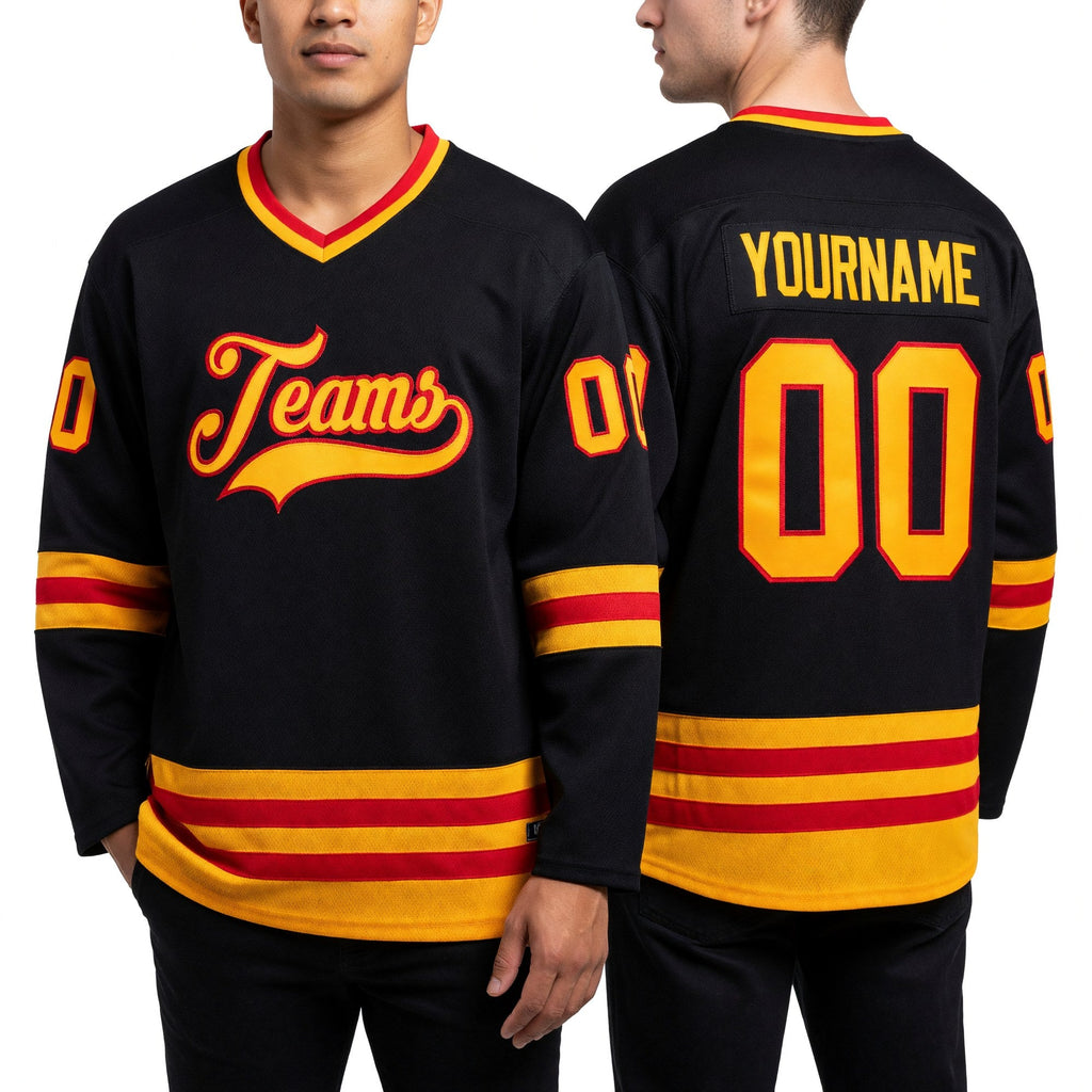 Custom Black Gold-Red Hockey Jersey worn front and back