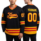 Custom Black Gold-Red Hockey Jersey worn front and back